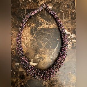 Handwoven Beaded Statement Necklace – Pink & Black
